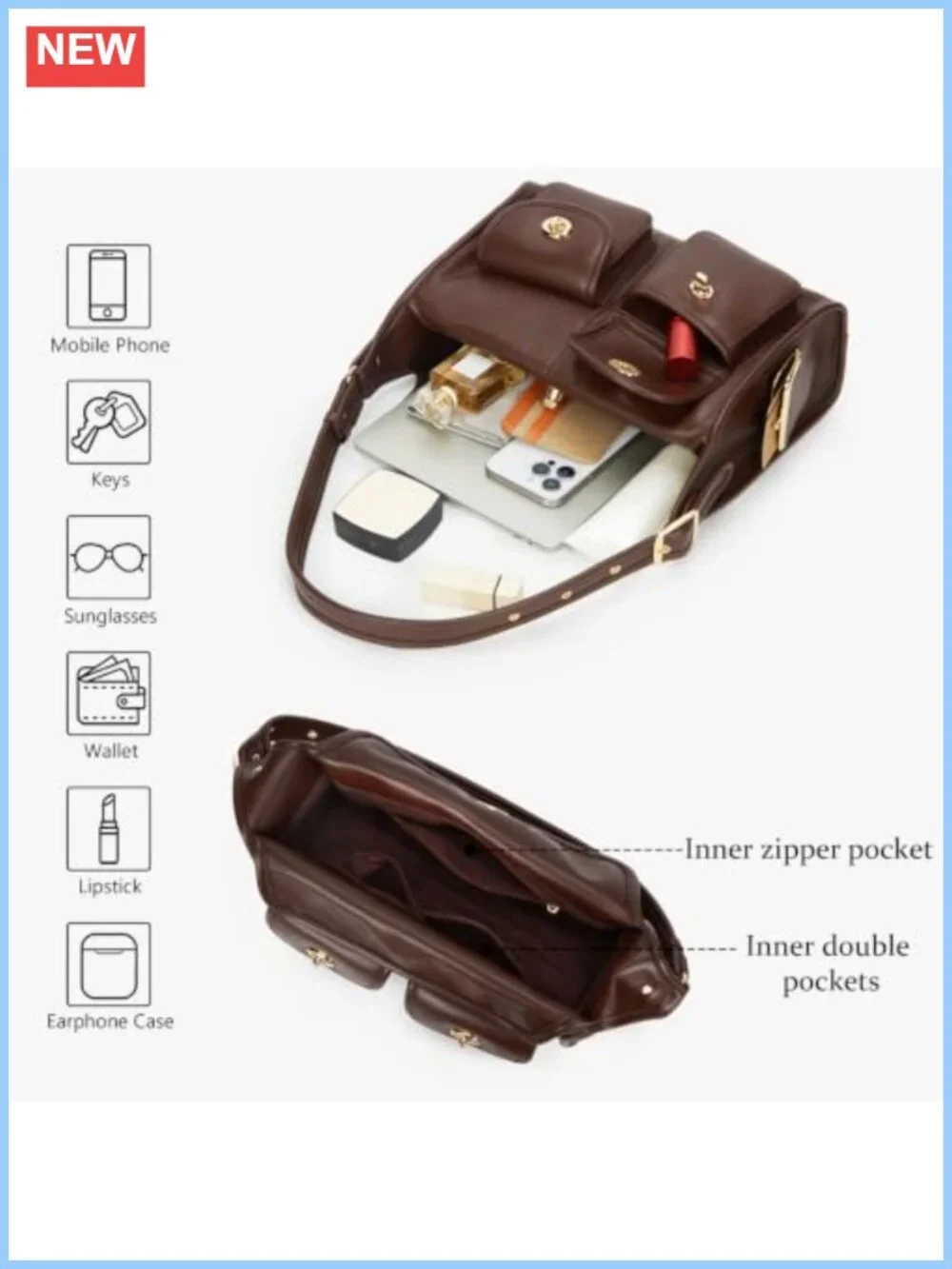 Large Hobo Shoulder Bag Faux Leather Multi-Pocket Turn Lock Everyday Purse